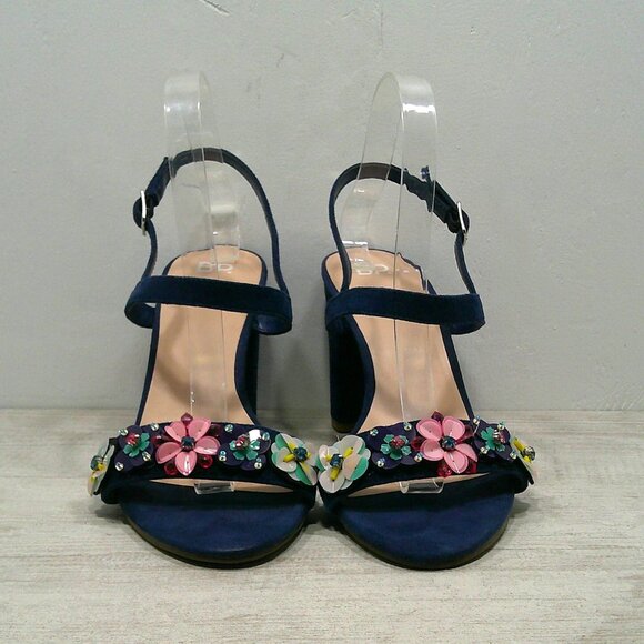 BP Navy Suede High Block Heels with Floral Embellishments Size 10 M - Picture 2 of 15